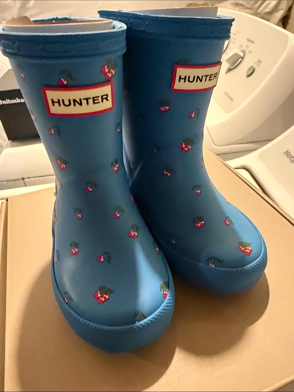 Hunter Kids Blue Rain Boots with Strawberry Motif